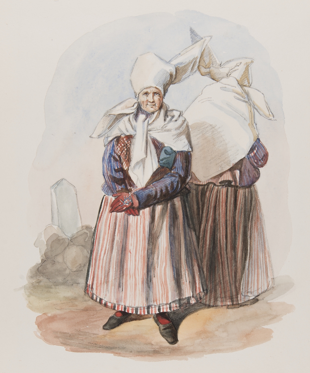 Dräkt. Kvinna fram och bak. Östergötland, Finspång, Skedevi. Akvarell i storformat av J.W Wallander