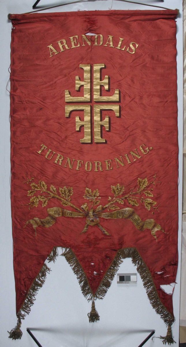 Arendal Turnforenings emblem, guirlander med eikeblader, bånd med tekst (motto).