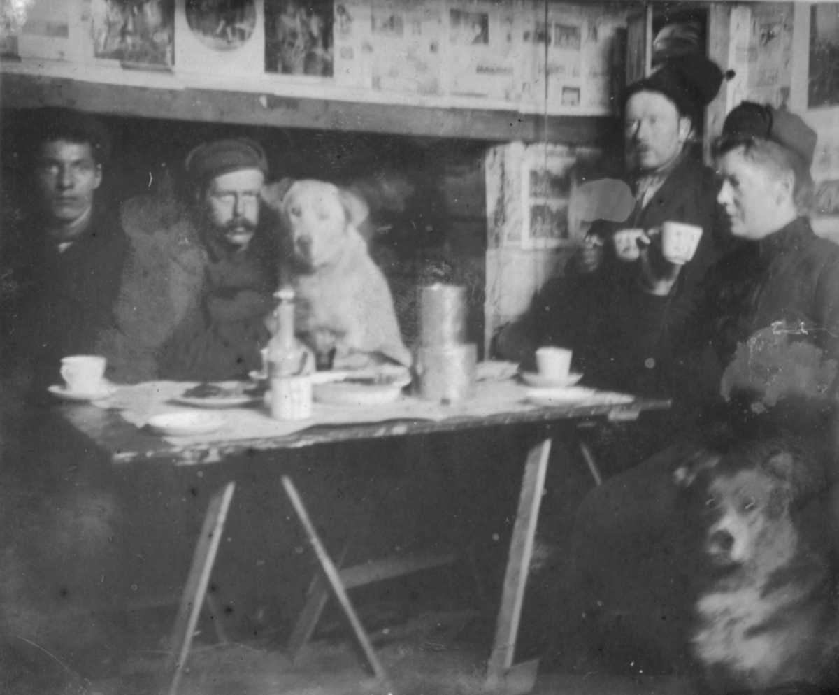 I Blåsenborg i Vardø våren 1903. Tre menn, en dame (til høyre med kaffekopp) og to hunder sitter ved et bord. Det er kaffekopper, fat og bokser på bordet. På veggen er det plakater eller lign.