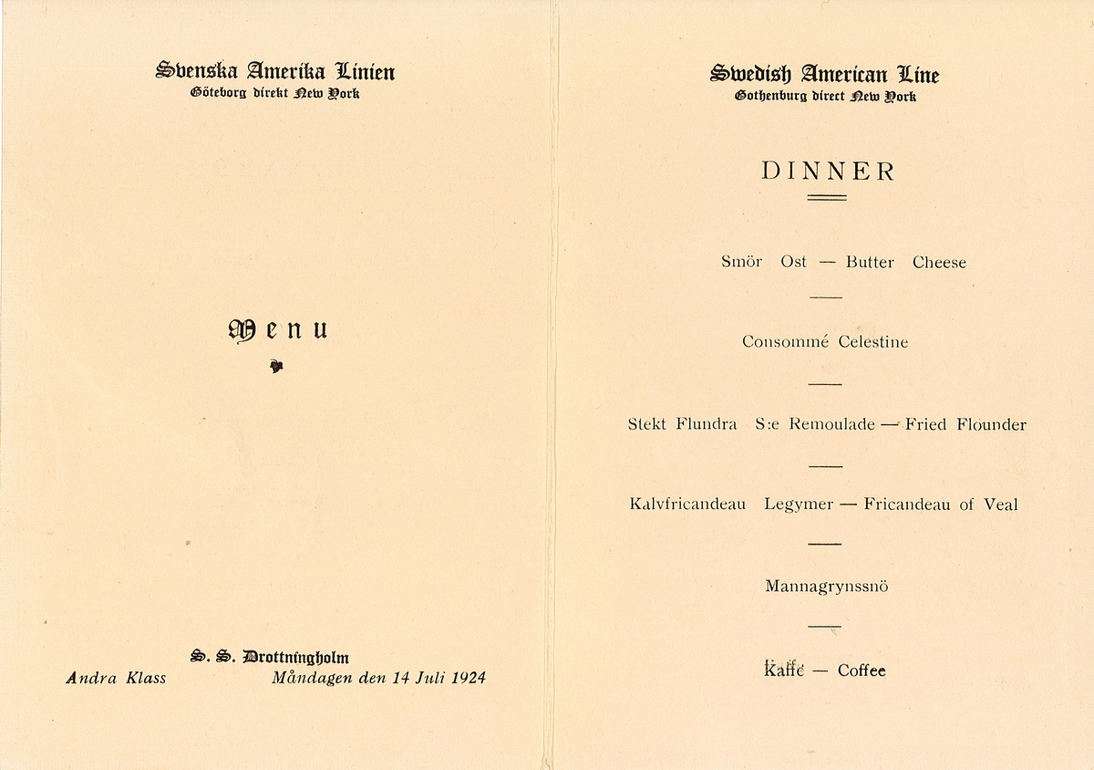 Tryck meny för SS Drottningholm för Andra klass. måndagen den 14 juni 1924. På framsidan reproduktion av Alfred Wahlbergs "Månsken, motiv från Fjällbacka". På baksidan bild av S. S. Drottningholm.