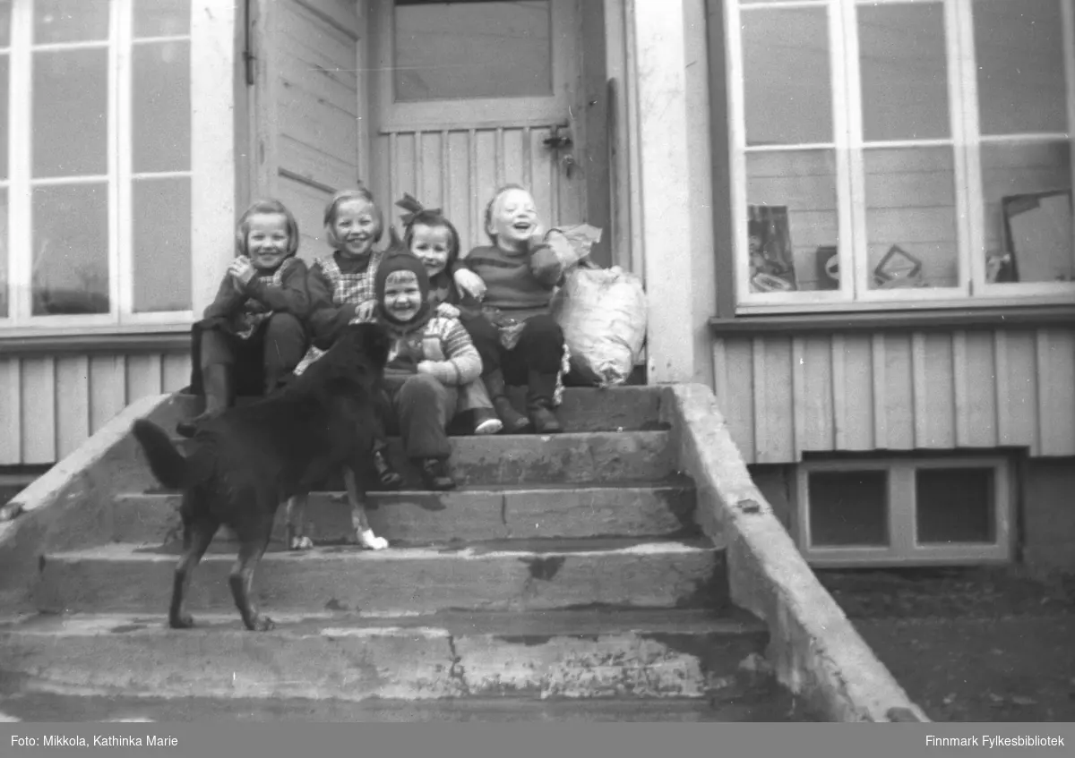 Barn og en hund på trappa til A.K. Mikkolas butikk ved kirka i Neiden. Til venstre Arvid Mikkolas tvillinger Lilli og Unni, og jenta som sitter helt foran heter Maria Vorren. I midten sitter Aud Arvola og til høyre Eva Mikkola. Karo heter hunden.