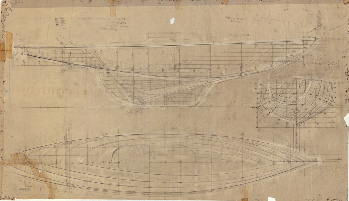 Skiss till segelbåt av Evald Pira,
Skiss; spantruta och linjeritning