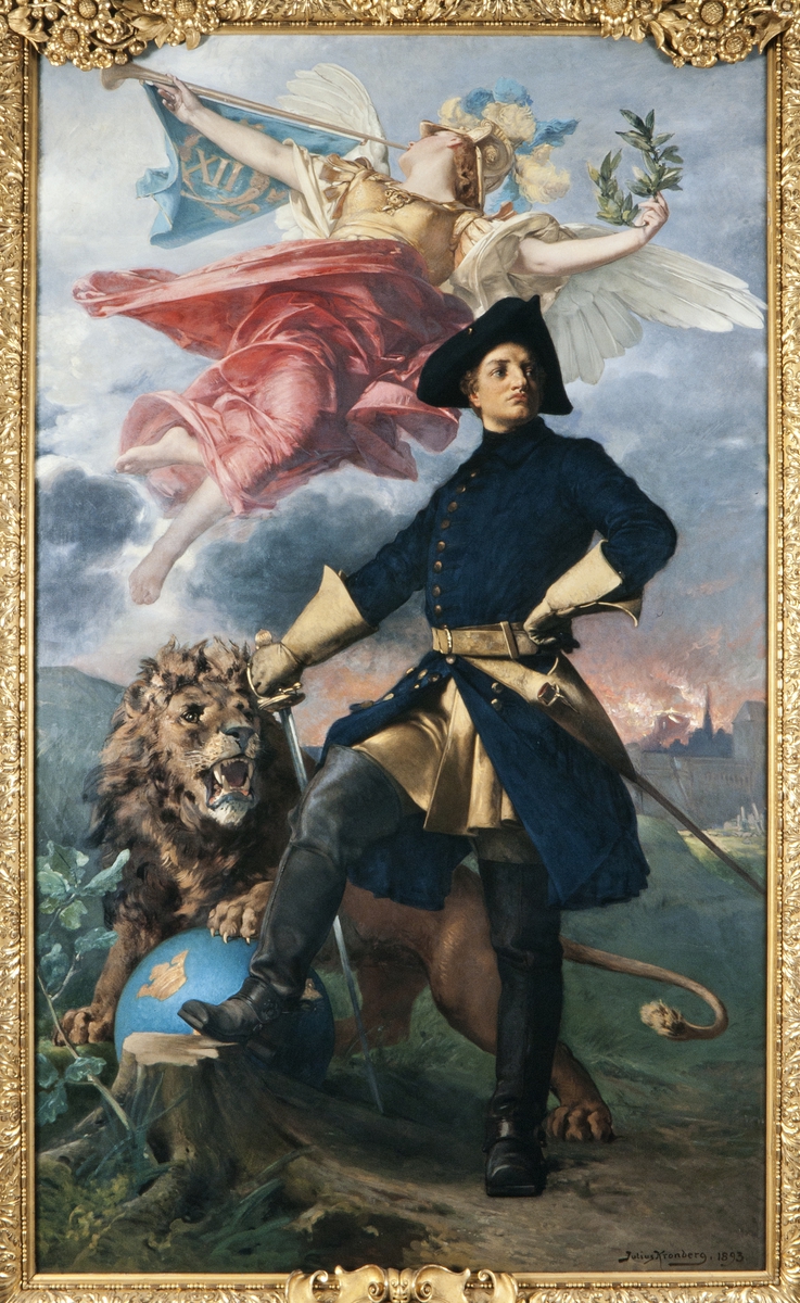 Apoteos över Karl XII. Krigarkung, ära, seger, lejon.