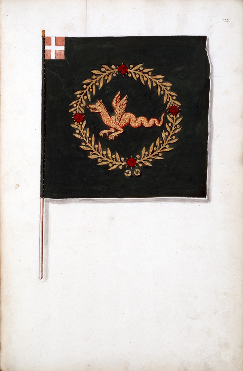 Avbildning i gouache föreställande fälttecken taget som trofé av svenska armén. Den avbildade fanan finns ej bevarad i Armémuseums samling.