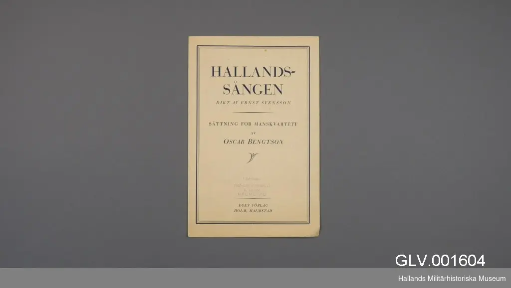 Musiktryck. Dubbelt notblad. Arrangemang för manskvartett, tenor 1-2 och bas 1-2. Text enligt dikt av Ernst Svensson.