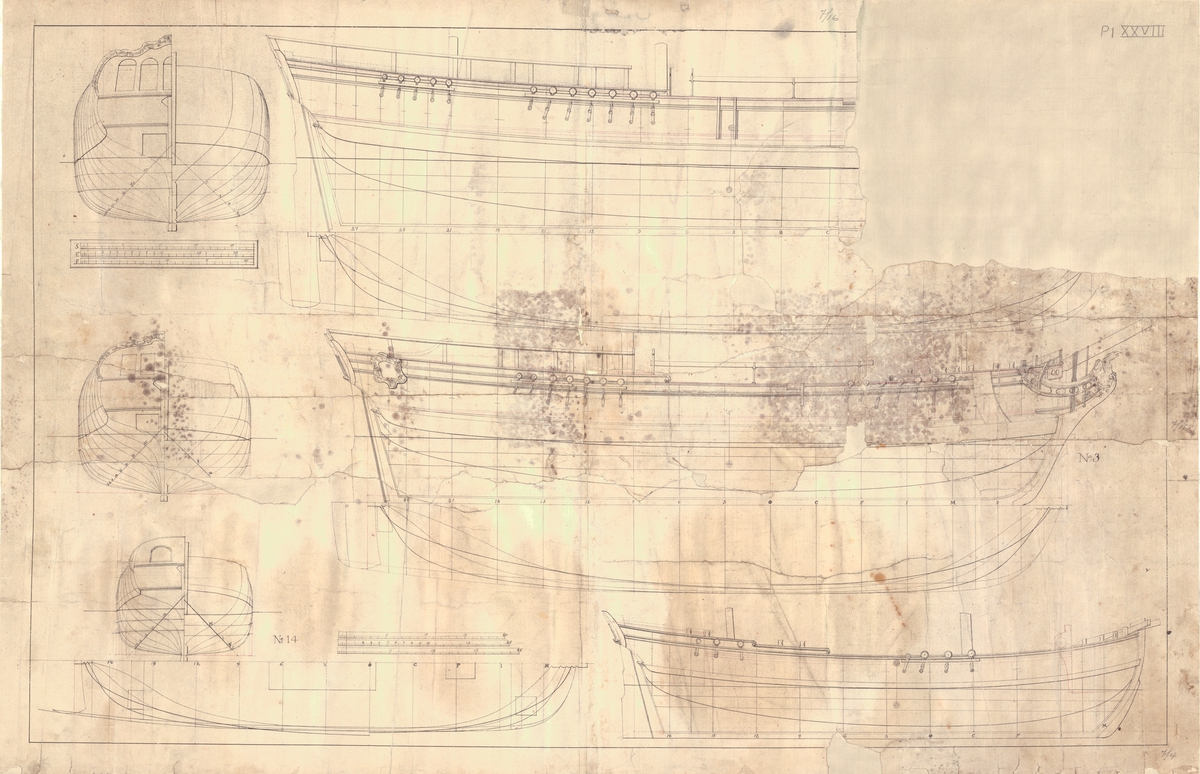 Tre barkskepp. Profil- och linjeritningar med spantrutor. Plansch XXVIII ur F H af Chapmans "Architectura Navalis Mercatoria".