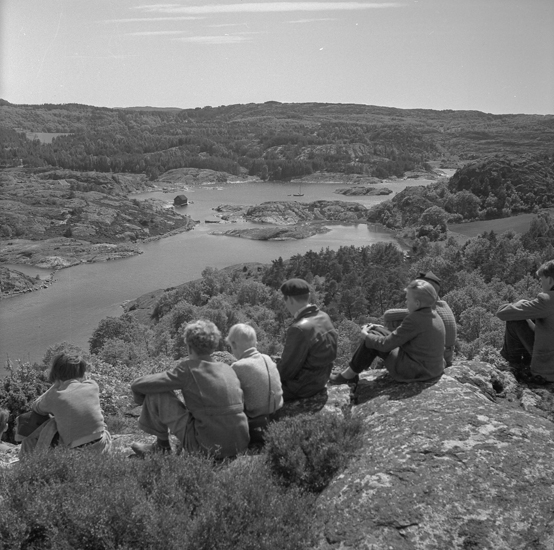Sju personer sitter på en bergknalle med ryggen mot kameran och tittar ut över ett skogslandskap med en sjö.