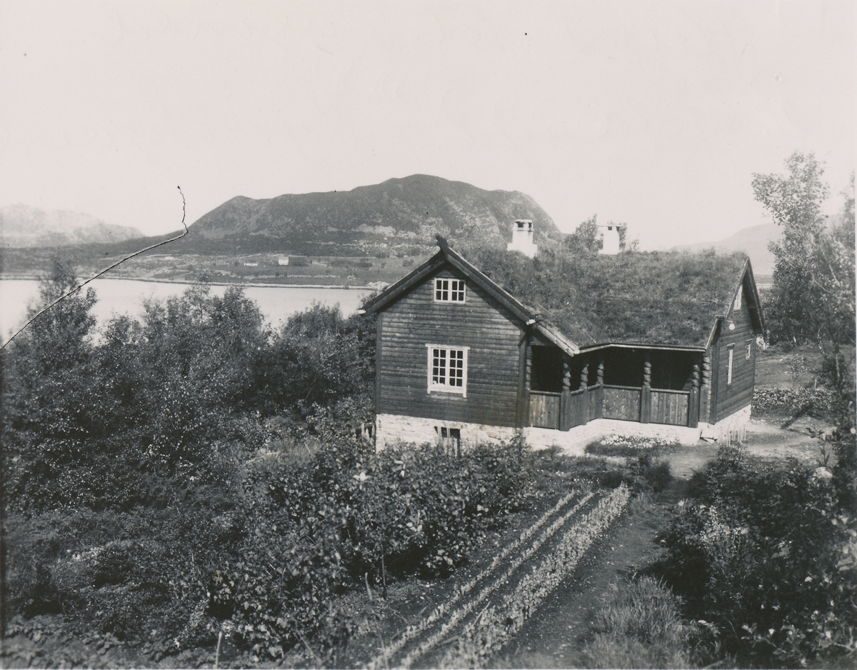 Prospektfotografi av et hus i sveitserstil med hage og skog rundt. Hjemmet til Ingvald Skjeldrup i Søvik.