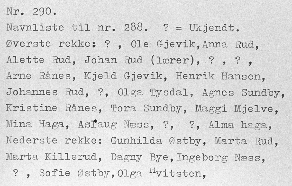 Navneliste til skolebilde fra Dalefjerdingen ca 1900 nr. 289.