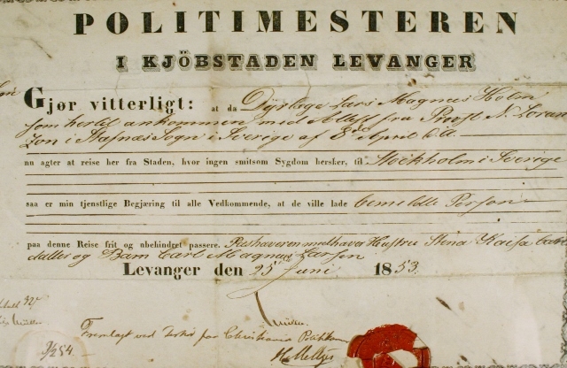 Reisetillatelse fra politimesteren i Levanger, datert 1833