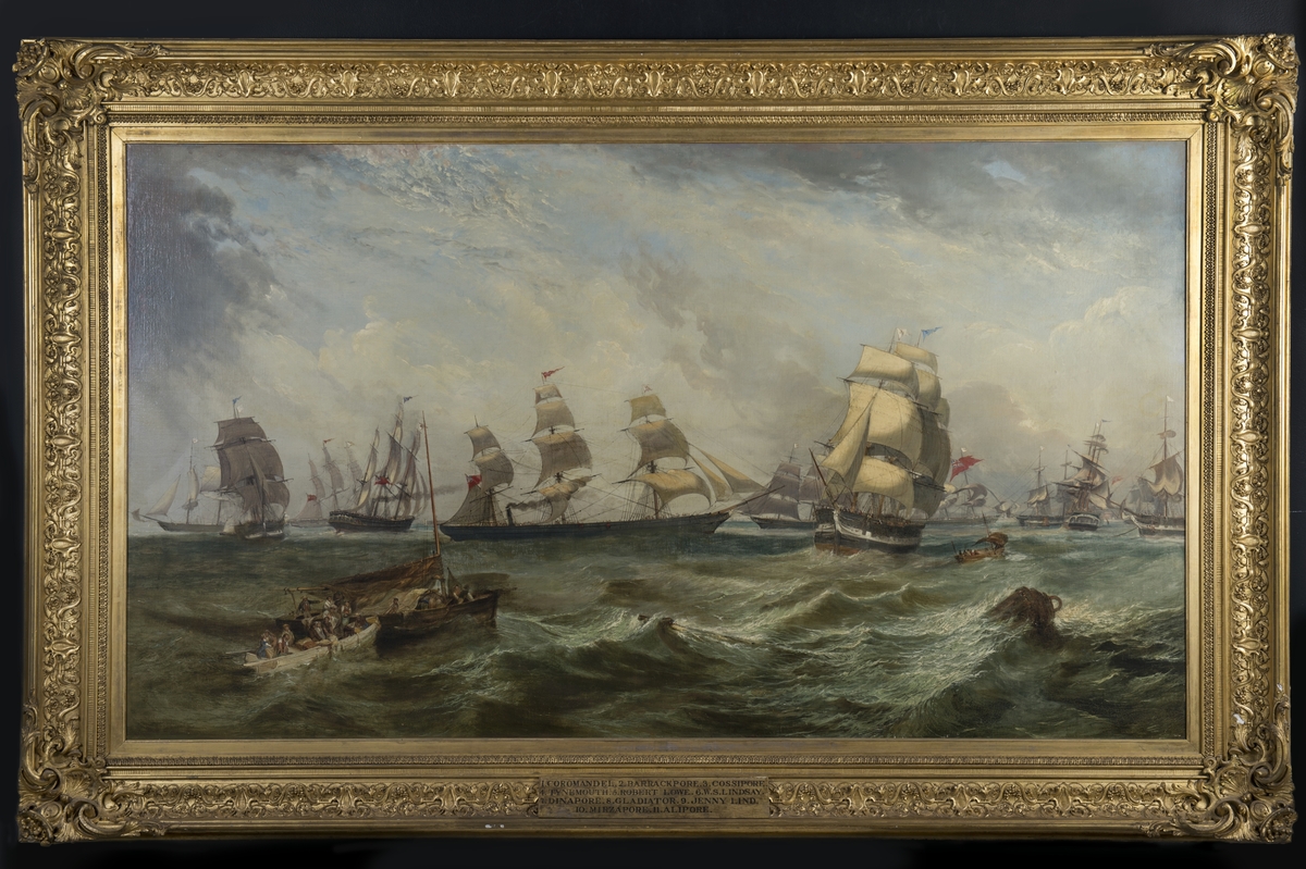 Fartyg ur W.S. Lindsay & C:o handelsflotta, målad ca 1854-55. Ångfartyg med hjälpsegel omgivet av 10 segelfartyg, namngivna i ramtext. Till höger ankarboj. Målningen beställd av köpmannen och redaren William Schaw Lindsay. 
Förgylld ornerad ram. Duk i kilram. Osignerad.