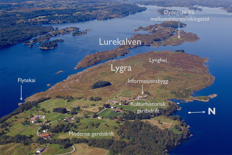oversiktsbilete over Lygra i Nordhordland med påskriven tekst