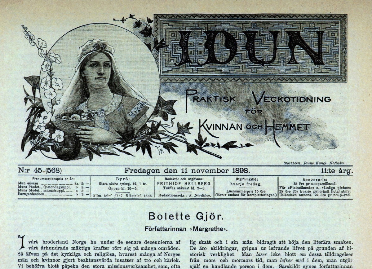 Faksimile  "Idun" Praktisk Vecotidning før Kvinnan och Hemmet. utgitt 11.11.1898. Artikkel Bolette Gjør.
