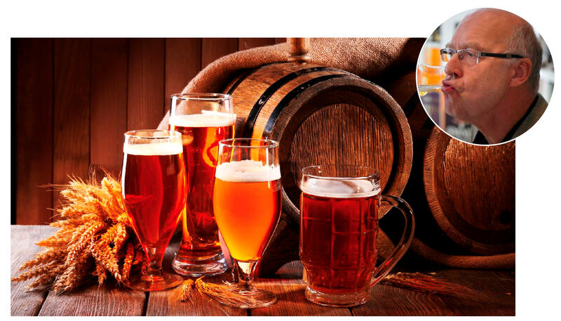 Fotomontasje med bilde av forskjellige glass med øl og et innfelt bilde av Gotmar Rustad.