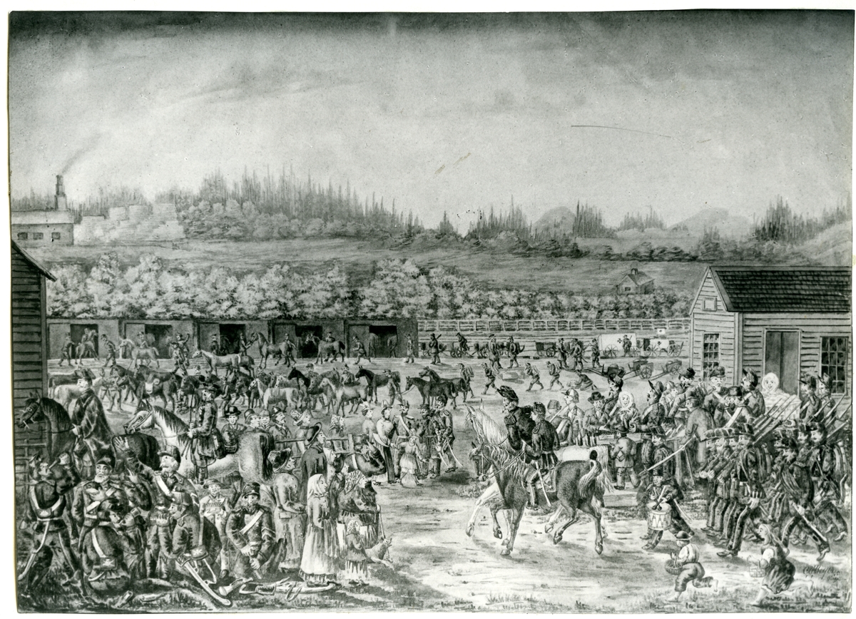 Tavla föreställande "Norra Arméns hemresa efter höstmanövern 1888".