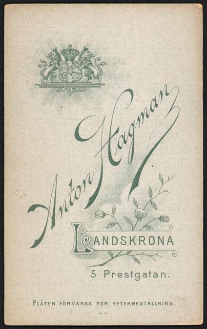 Visitkortsporträtt, baksida,  Anton Hagman