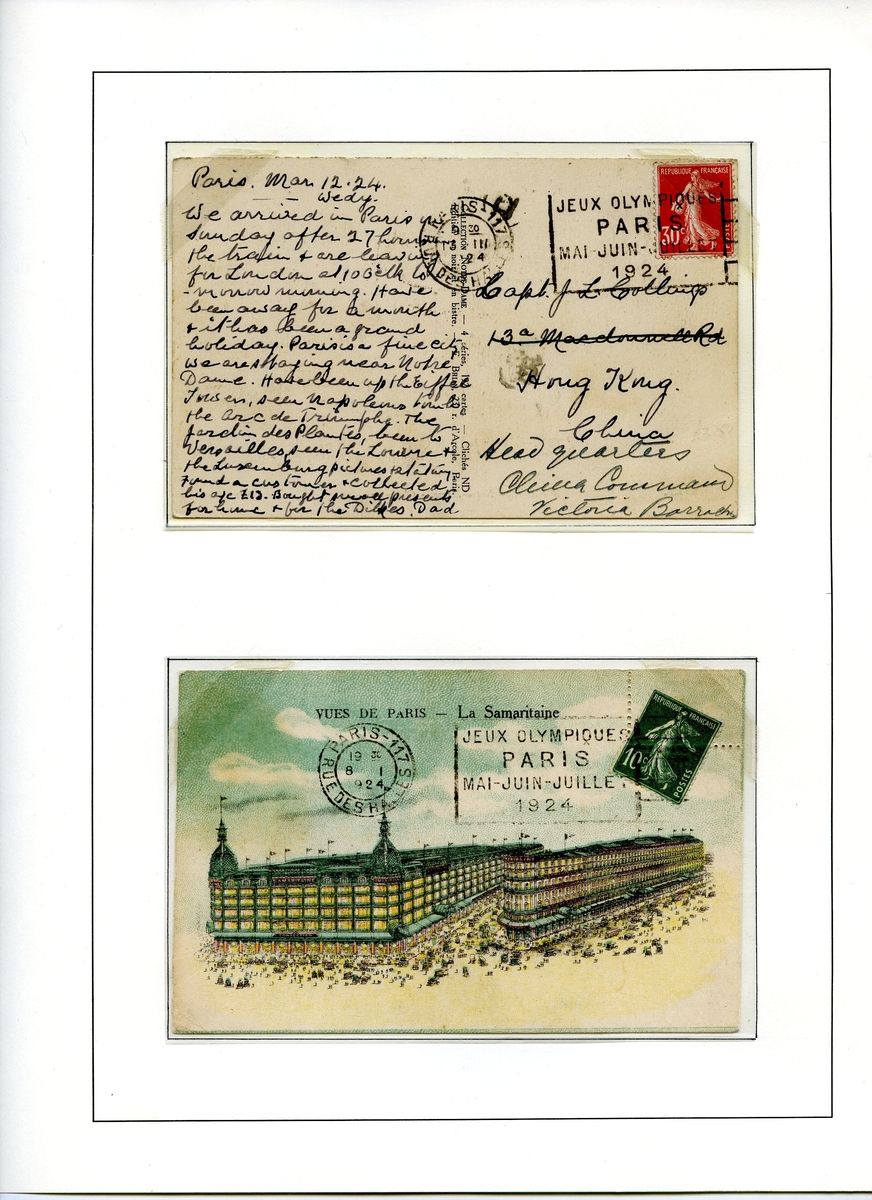 To postkort montert på en albumside. Begge er frankert med ett fransk frimerke (type semeuse). Det andre postkortet har tegning av La Samaritaine, fransk varehus.