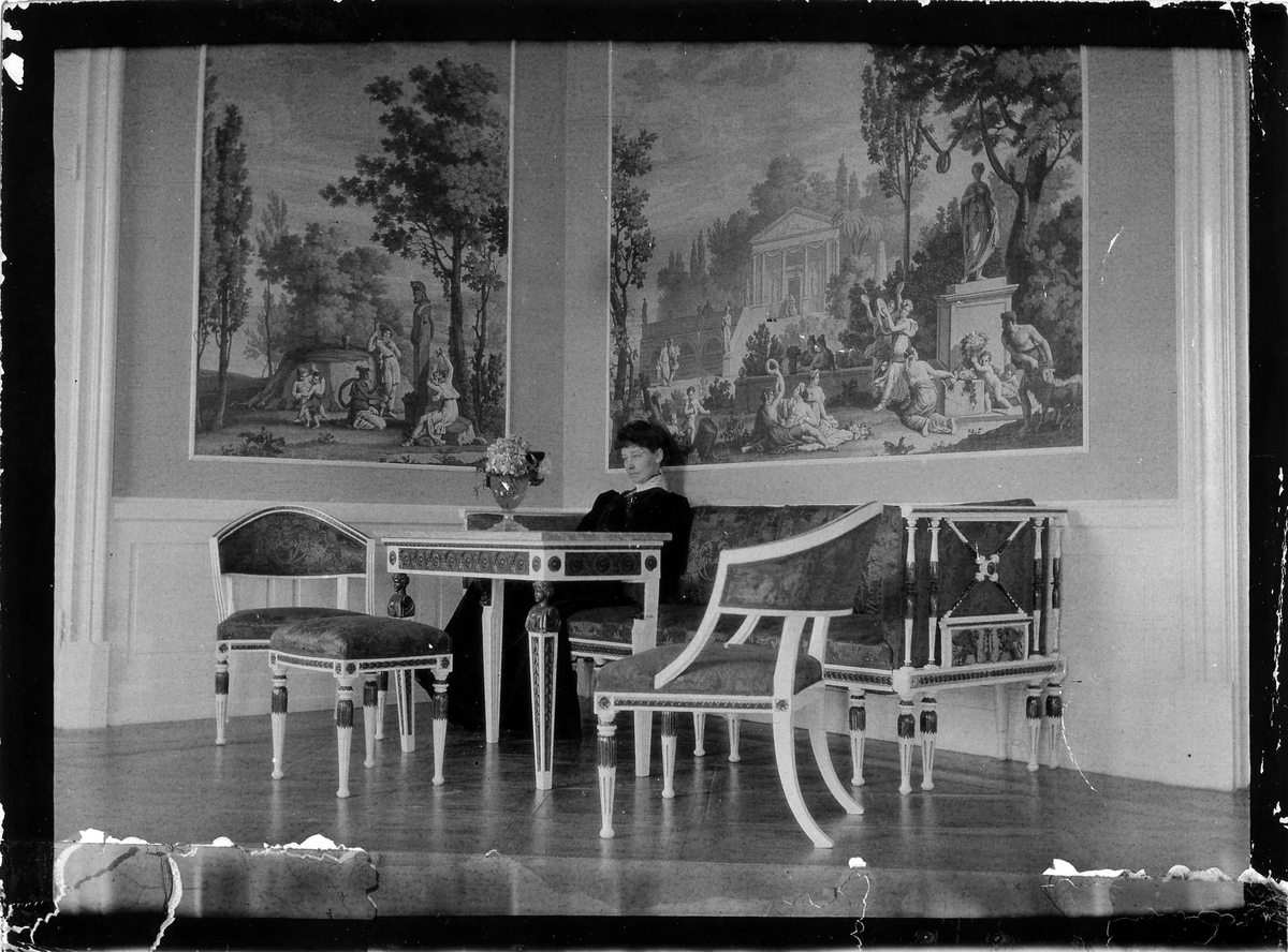 Stora salongen i Nolhaga med de franska tapeterna tryckta 1824 hos Dufour & Leroy i Paris, Frankrike. I soffan Christina Lindström (f. Zachau), hustru till Julius Lindström, ägare av Nolhaga 1887–1907. 

Stora salongen kallades rummet med den stora spegelförsedda kakelugnen. Under tiden då Lindström var ägare av Nolhaga, plockades tapeterna ned och magasinerades i Stockholm. 1971 återfanns de och återbördades till Nolhaga men sattes då upp i det lilla rummet åt sydväst.

Tapeter av det här slaget kallades panorama- eller landskapstapeter och blev högsta modet, bland de som hade råd, under stilperioden Karl Johansstil (ungefär 1810–1840).
Dufour & Leroy var en av de främsta tillverkarna.