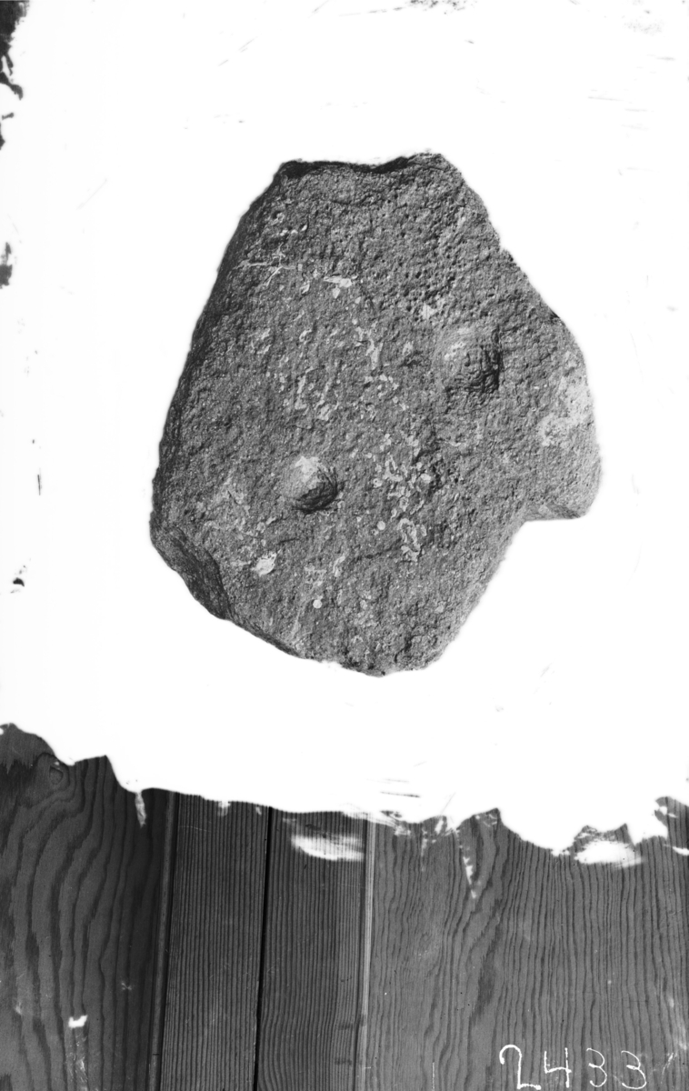 Flat sten av skifrig bergart med 2 skålformede fordypninger i overflaten. Stenens størrelse er 31 X 35 cm., tykkelse 4 cm. Skålenes tverrmål er 4 og 3,5 cm.
