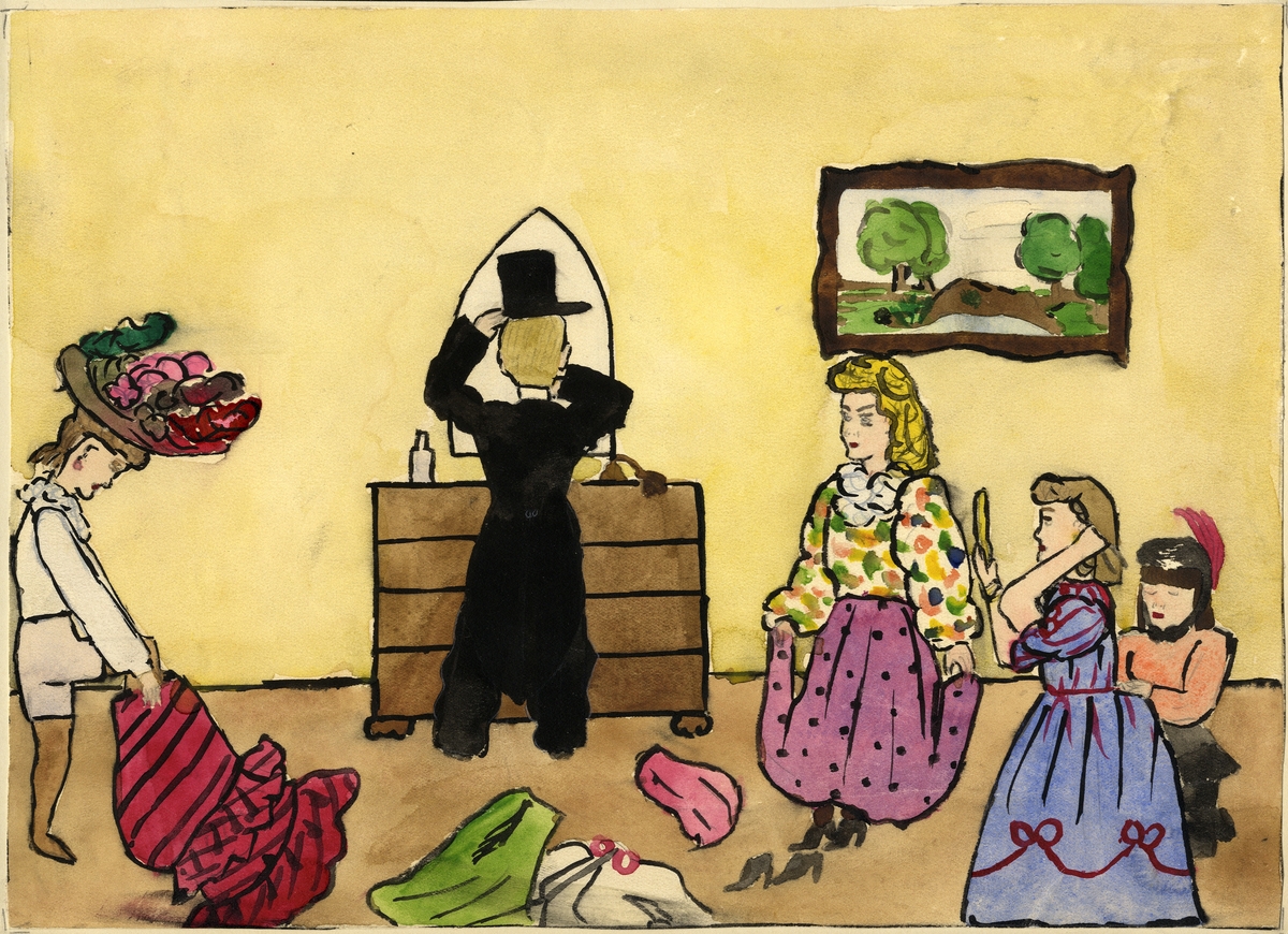 Barnteckning - akvarell.
"Våra lekar", 1945. 
Utklädning. 

Akvarell av okänd, Älmhults samrealskola (Margit Gullberg). 

Inskrivet i huvudbok 1947.