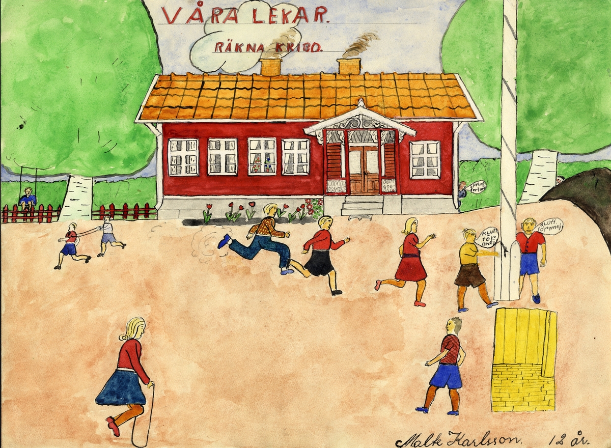 Barnteckning - akvarell.
"Våra lekar", 1945. 
Räkna Kribo. 

Malte Karlsson, Karsemåla skola, 12 år. 

Inskrivet i huvudbok 1947.