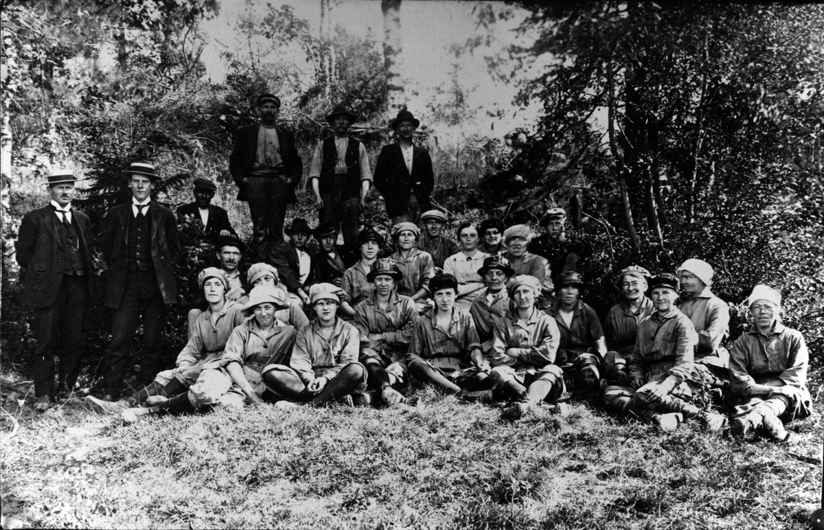 Gruppbild på de så kallade "surrogatpojkarna". Dessa var en grupp kvinnor som arbetade åt skogssällskapet sommaren 1918. Kvinnorna arbetade i vanliga fall på Bomullsväveriet. Men på grund av första världskriget fick fabriken inga råvaror utifrån och fabriken tvingades tidvis att stänga. Personalen fick då halv veckolön. 1917 hade det varit en stor skogsbrand i ett område i Bälinge socken och Alingsås landsförsamling. Därför startade skogssällskapet röjningsarbeten 1918. Kvinnorna kvistade och männen högg och sågade.