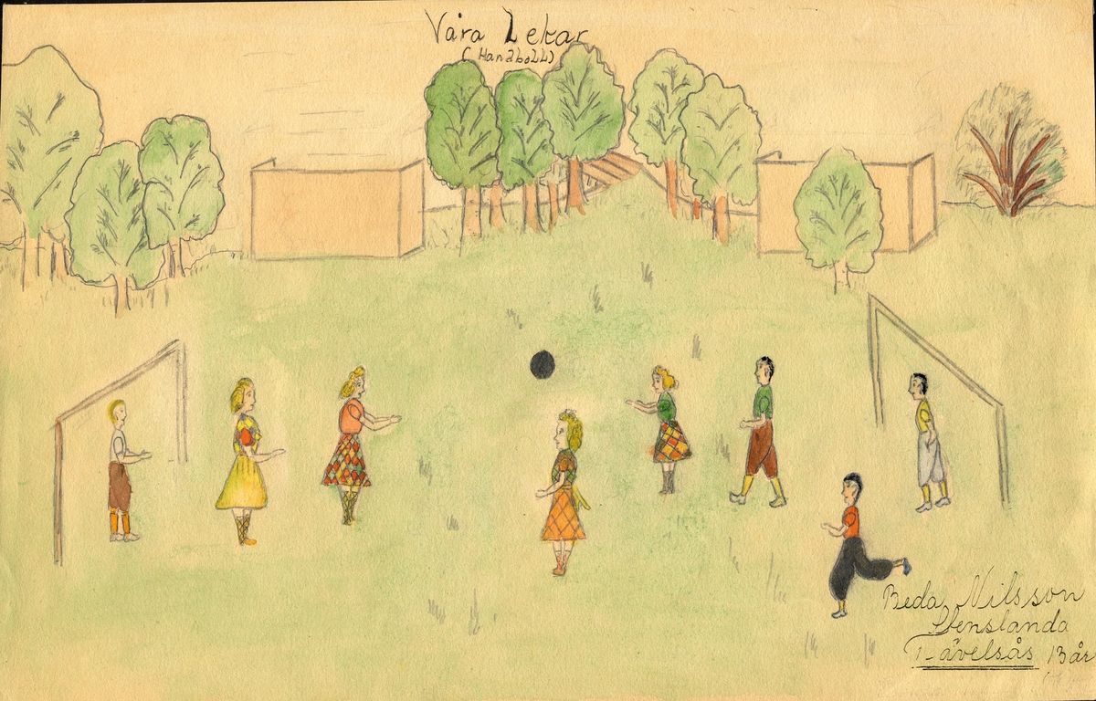 Barnteckning - akvarell.
"Våra lekar", 1945. 
Handboll.

Beda Nilsson, Tävelsås, 13 år. 

Inskrivet i huvudbok 1947.