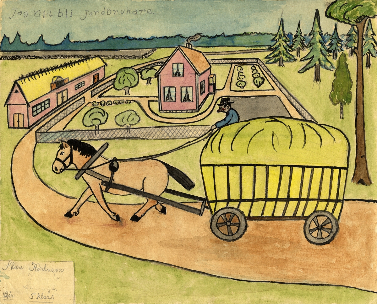 Barnteckning - akvarell.
"Vad jag skall bli när jag blir stor", 1947. 
Jag vill bli jordbrukare.

Sture Karlsson, Linneryd, klass V, 12 år. 

Inskrivet i huvudbok 1947.