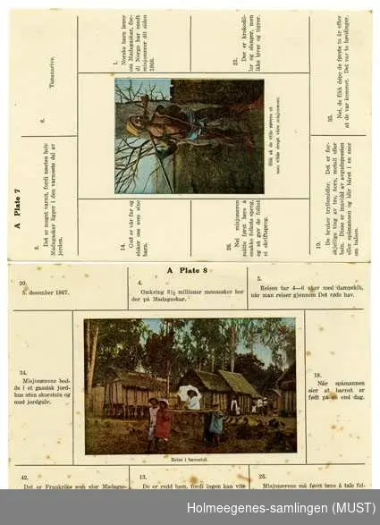 Esken har en reproduksjon av et oljemaleri signert A. Rodnerai, med navnet på spillet "Madagaskar" skrevet i menneskefigurer. Nederst i vanlig skrift: "i spørsmål og svar".
Spillet har 36 kort med Gaskiske landsbymotiver og landskap og misjonsrelaterte bilder, utført i fargelagte foto, akvarell (signert E.Ralamba).
