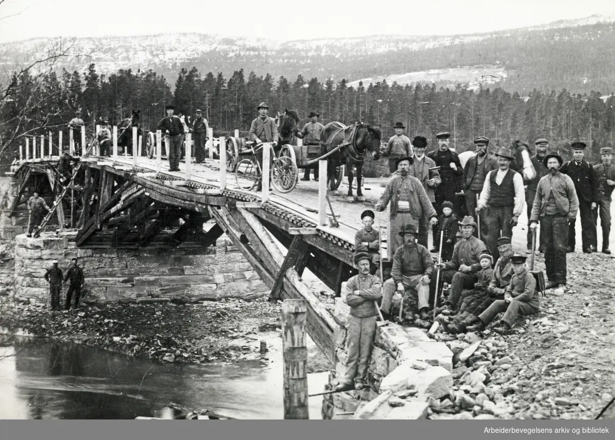 Gardbrukere på dugnad i forbindelse med bygging av en bru i Alvdal, 1905.