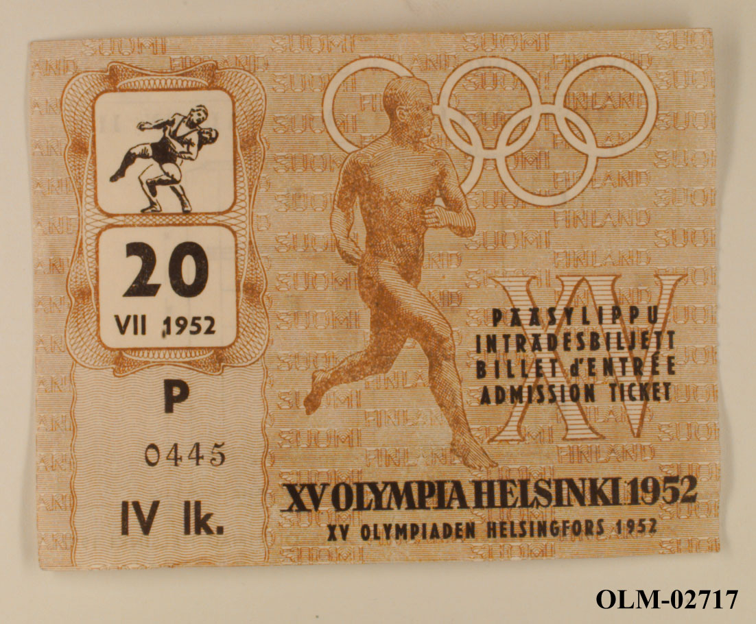 Inngangsbillett til brytekamp den 20.07.1952 i Helsinki.  Til venstre et bilde av to brytere, dato, setenummer, pris og et bilde av en sprinter med de olympiske ringene i bakgrunnen. På baksiden en oversikt over hallen.