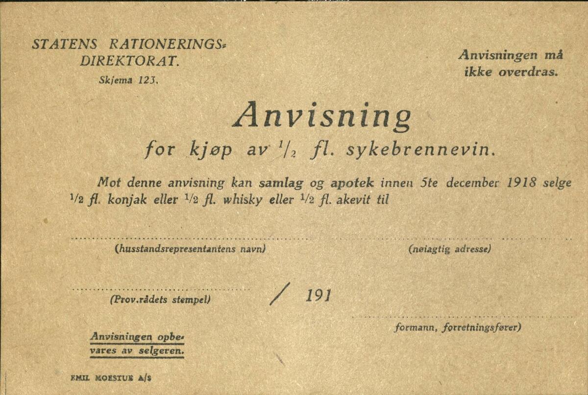 Rasjoneringskort for brennevin fra høsten 1918
