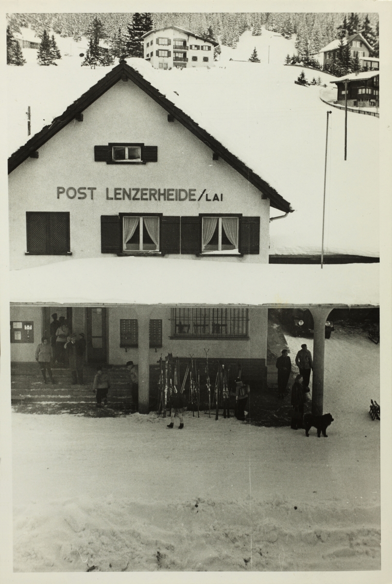 Postkontoret i Lenzerheide, Sveits, sett fra Westye Egebergs hotellvindu. Skiklubben Fram invitert dit av medlem i februar 1952.