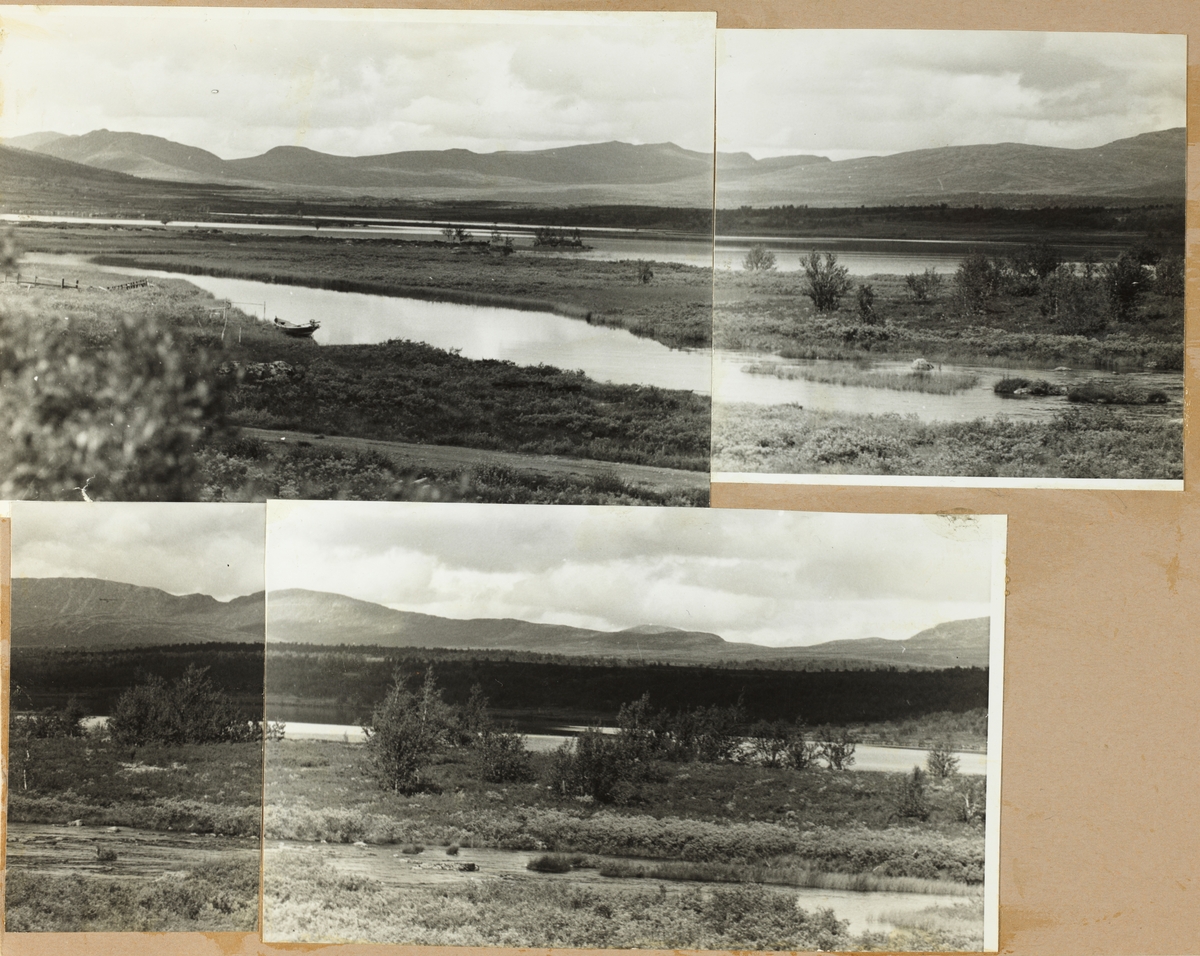 Sammensatt panoramabilde av landskap med vann, holmer og fjell. Antagelig fotografert 1953.
