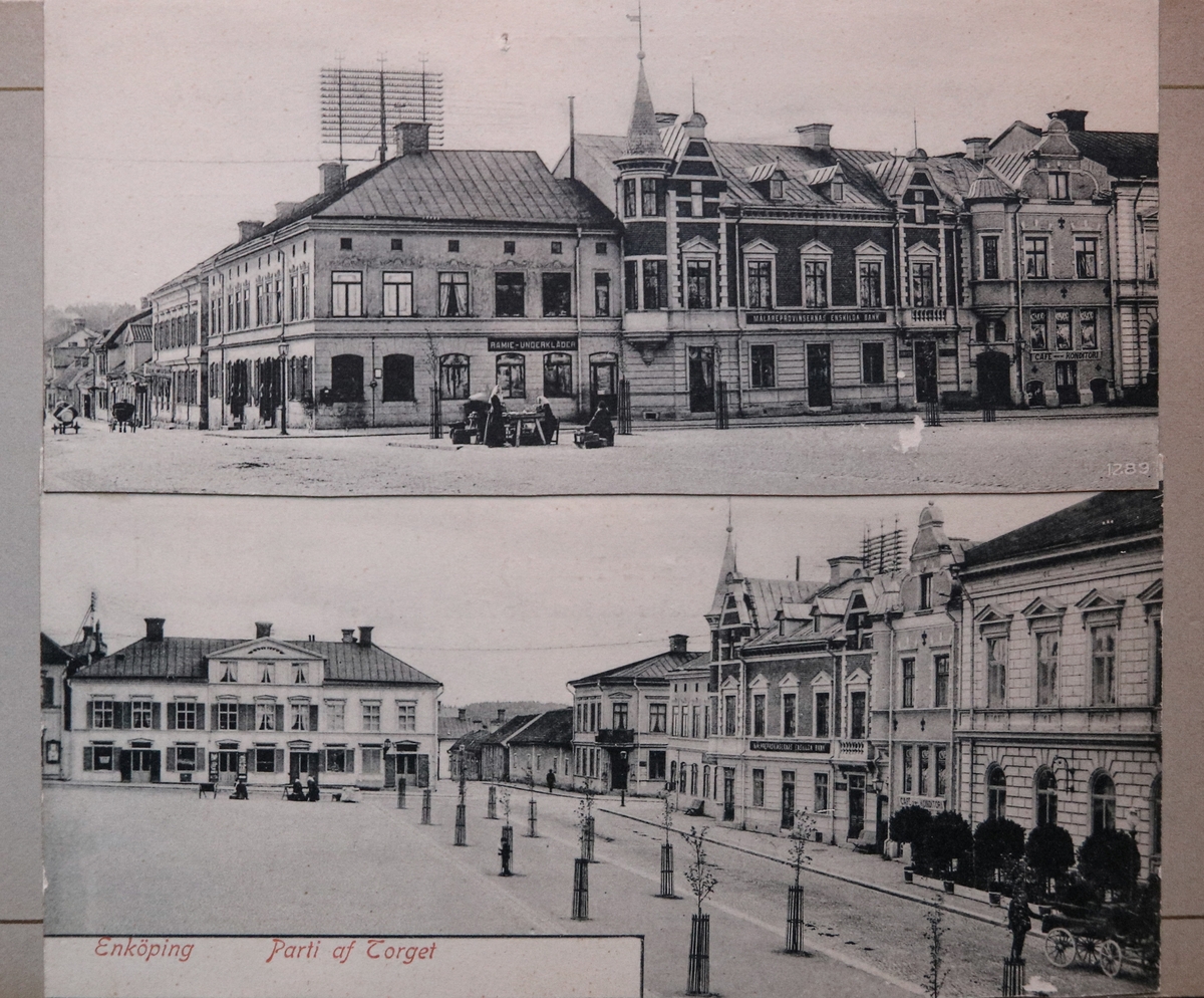 Två beskurna vykort med motiv från Stora torget, Enköping. Fotografierna är tagna 1902 eller 1903.

Vykortena är inklistrade i vykortsalbum EM06774:l.