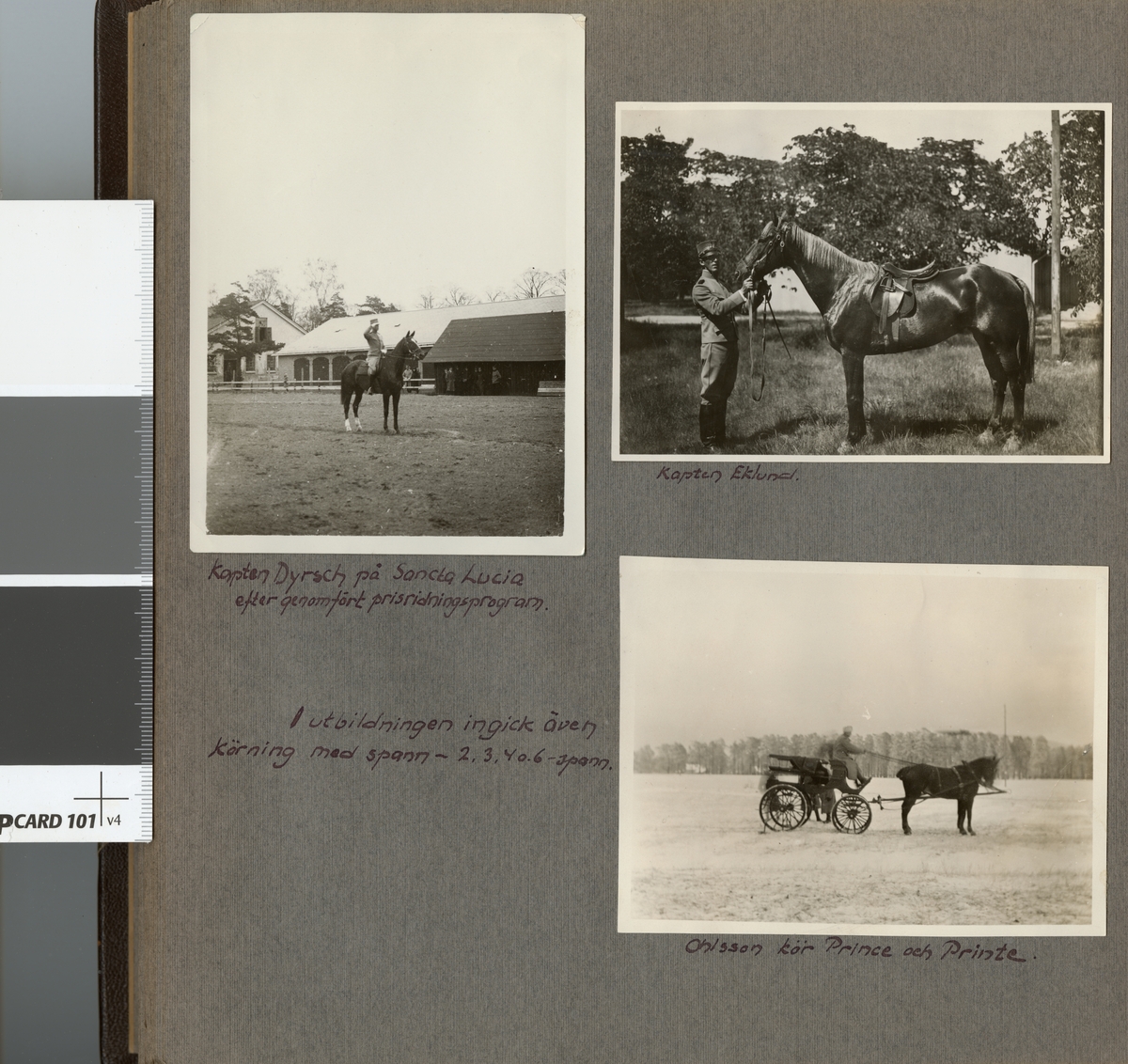 Text i fotoalbum: "Officersaspirantskolan 1925-1926. I utbildningen ingick även körning med spann - 2. 3. 4. o 6-spann".