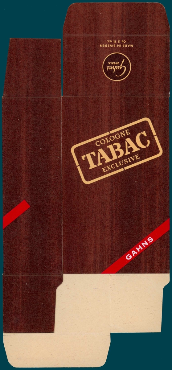 Brun träimiterad papp, beige och röd text: Cologne Tabac exclusive. Med blyerts 22/6 1959.