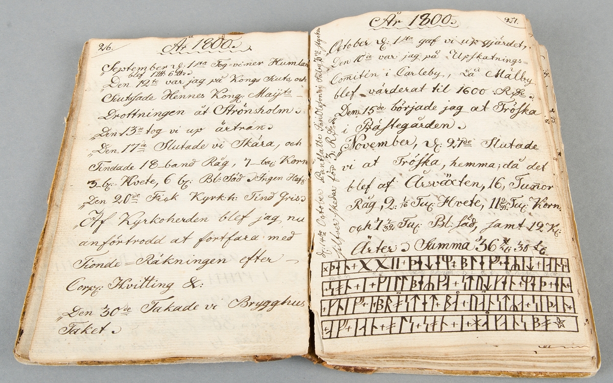 Dagbok. På första uppslaget texten: Min MINNES- eller DAGBOK ifrån År 1795 till nu hvarande tid: Pehr JansSon i Mällby. 

Dagboken har hårda pärmar.