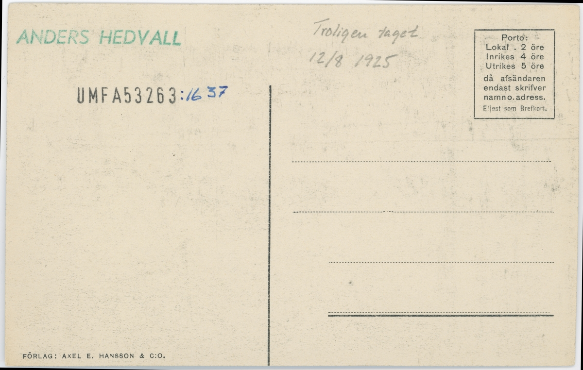 Tryckt text på kortet: "Parti af Käringö".
"FÖRLAG: AXEL E. HANSSON & C:O". 
Noterat på kortet: "Troligen taget 12/8 1925".