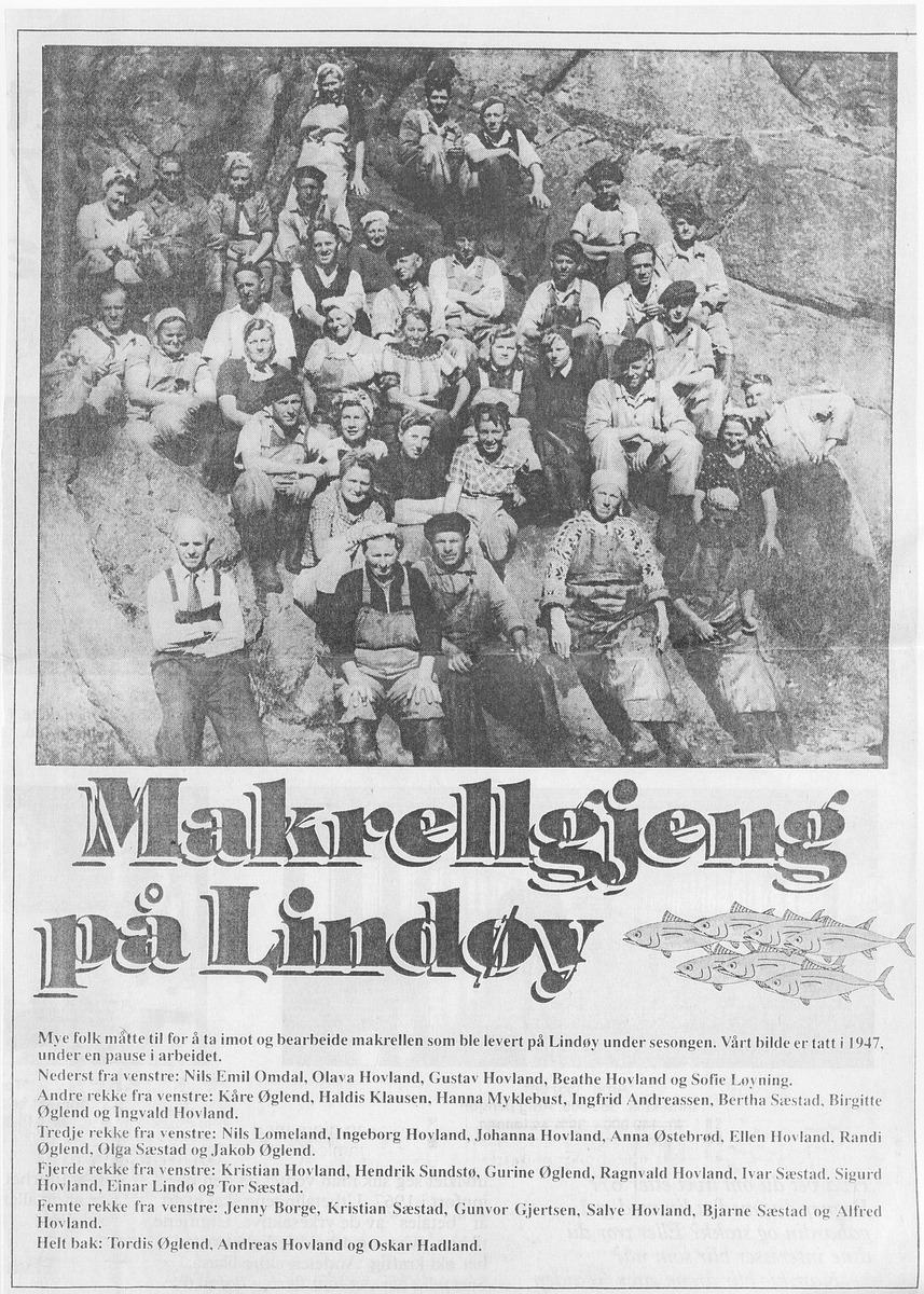 Et stort arbeidslag som har tatt imot makrell på Lindøya utenfor Egersund. Bilde nr. 7 er en avisartikkel med en rastrert utgave av bilde nr. 1.