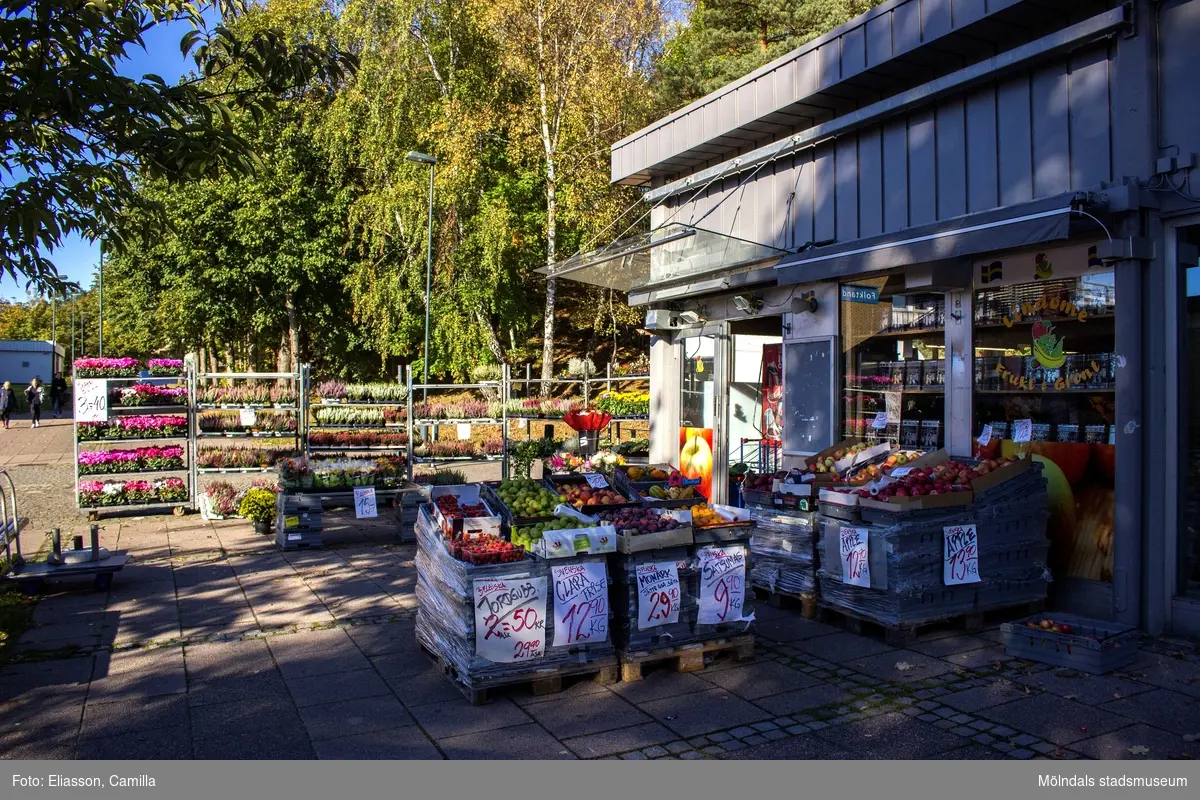 Affären Lindome Frukt & Grönt i huset Almåsgången 2 i Lindome centrum den 4 oktober 2016. Även på utsidan finns varor till försäljning. Fasaden vetter mot söder.
