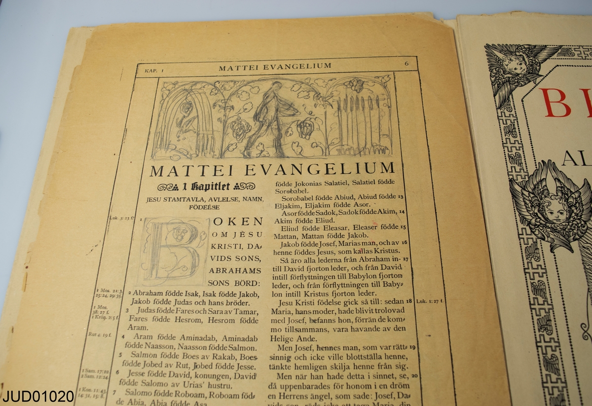 Illustrationer och skisser till Gustav V:s Bibel, som gavs ut 1927. Lösa blad, passepartouter.