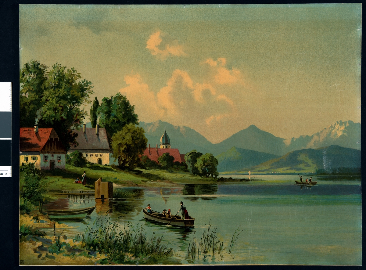 Landskapsbilde med innsjø, to robåter, mennesker, hus, fjell
