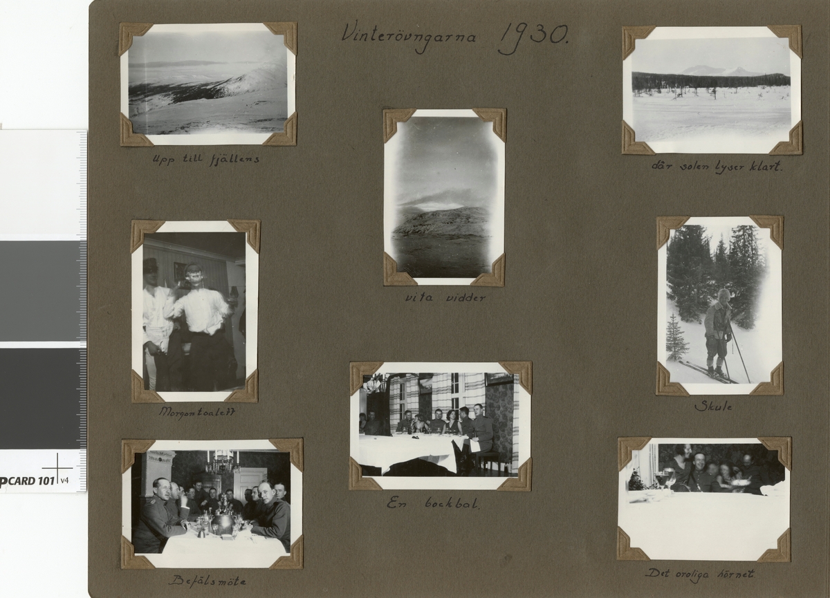 Text i fotoalbum: "Vinterövningarna 1930. Det oroliga hörnet".