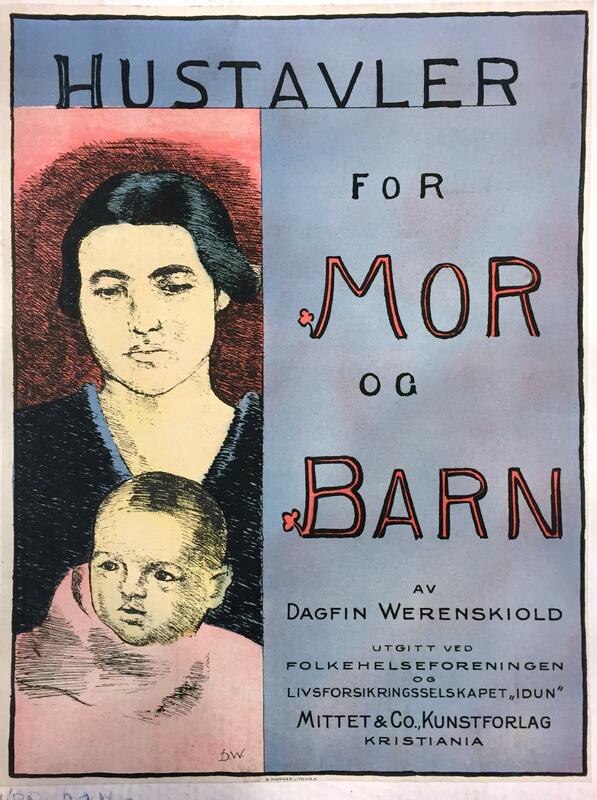 "Hustavler for mor og barn" er en plakat av Dagfin Werenskiold med illustrasjon av more med spedbarn på fanget.