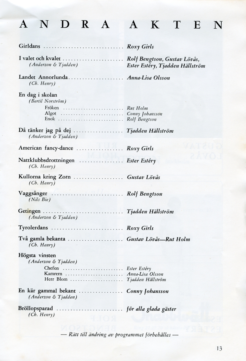 Jubileumsprogram för 1960 års uppsättning av Klange-revyn vid namn "Folkets Silverbröllop". Framsidan har gul bakgrund med en illustration av en lång man och en kort kvinna i bröllopskläder. Text i rött, vitt och svart. Häftat. Inlaga på 20 sidor som innehåller information om föreställningen och annonser.
Tillstånd vid förvärv: Fukt- eller fettfläckar på baksidan.