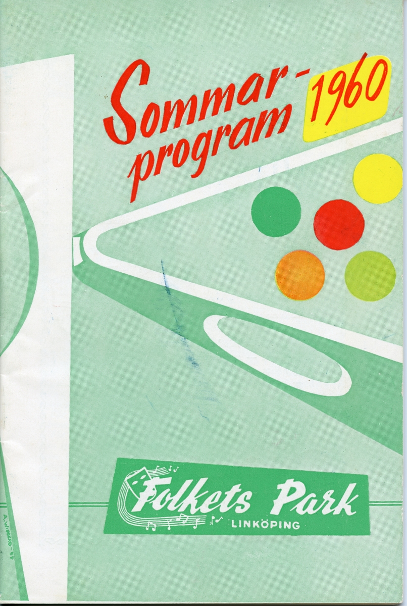 Sommarprogram för Folkets Park i Linköping 1959. Framsidan har en vit och grön bakgrund med text i rött och fem cirklar i olika färger. Häftat. Inlaga på 49 sidor som innehåller information om sommarens program och annonser.
Tillstånd vid förvärv: Gott skick.
