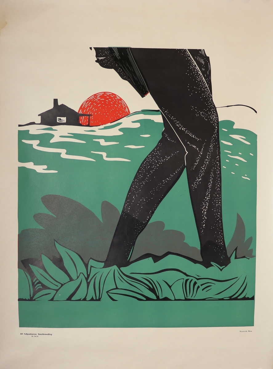 Affisch med en illustration av en cowboy, tryckt på två papper. Cowboyen har en cowboyhatt, röd och grön tröja och håller i en pistol. En till pistol sitter i ett hölster på mannens höft. Grön mark och i bakgrunden siluetten av ett hus och en sol påväg upp eller ner.