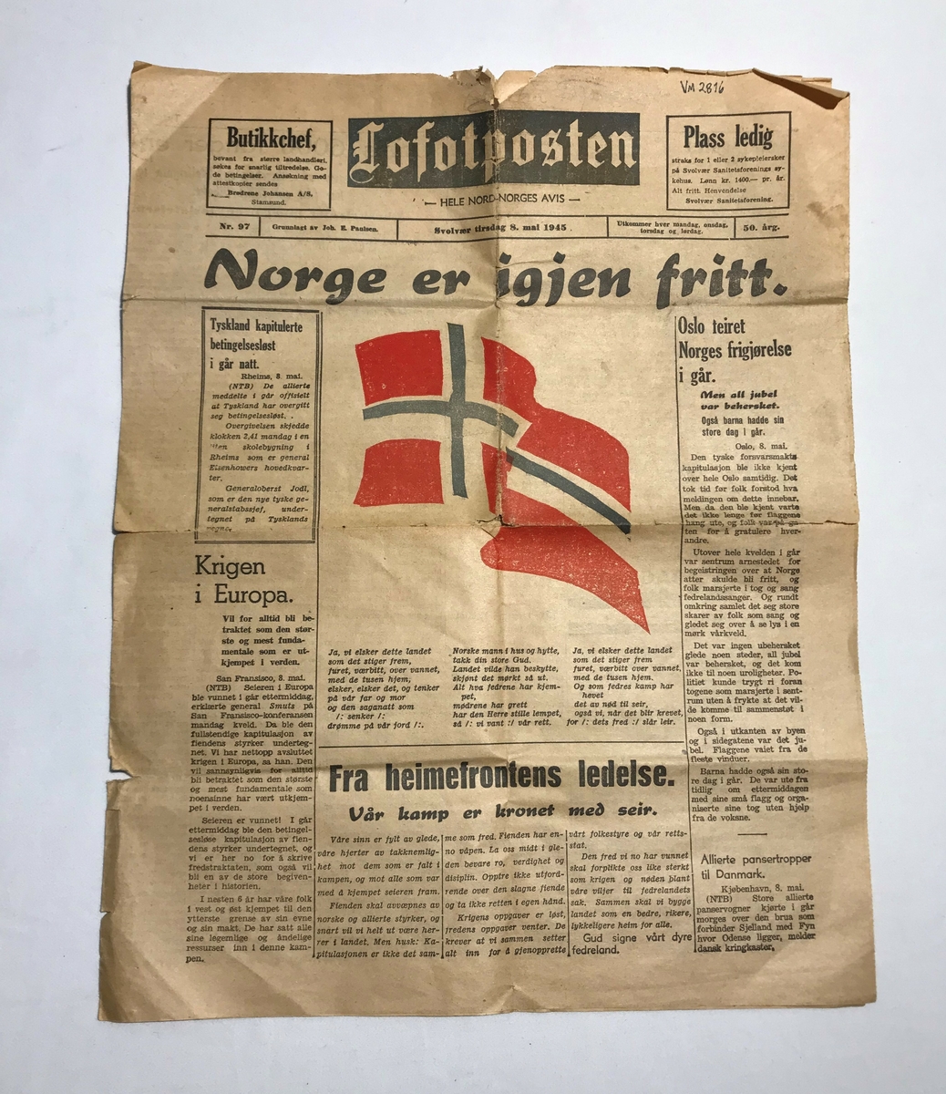 Lokalavis, Frigjøringen av Norge, 8. mai 1945. "Norge er igjen fritt", 