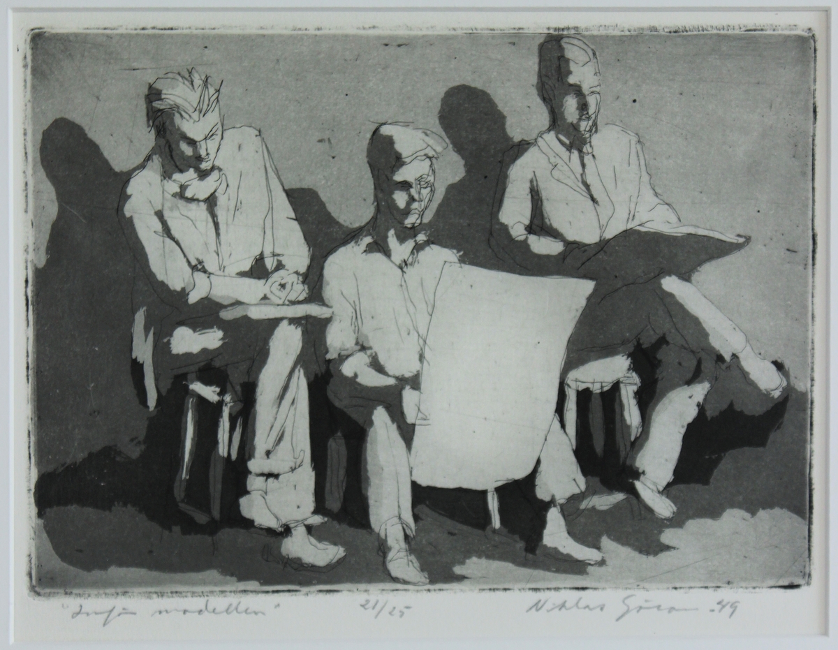 Etsning i liggande format föreställande tre män sittande på rad med papper i knäet.